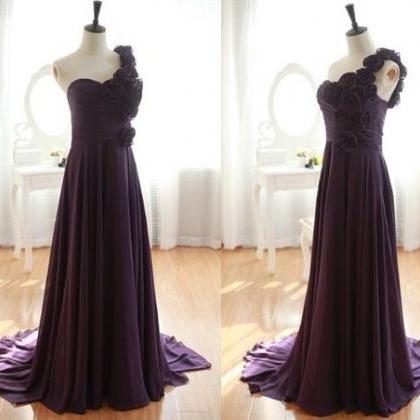 One Shoulder Purple Chiffon Prom Dresses, Evening..