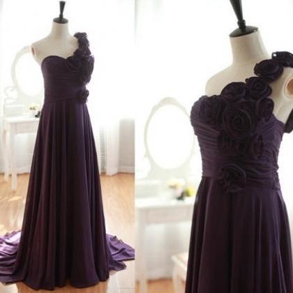 One Shoulder Purple Chiffon Prom Dresses, Evening..