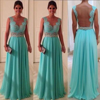 Elegant Turquoise Open Back Long Prom Dresses..