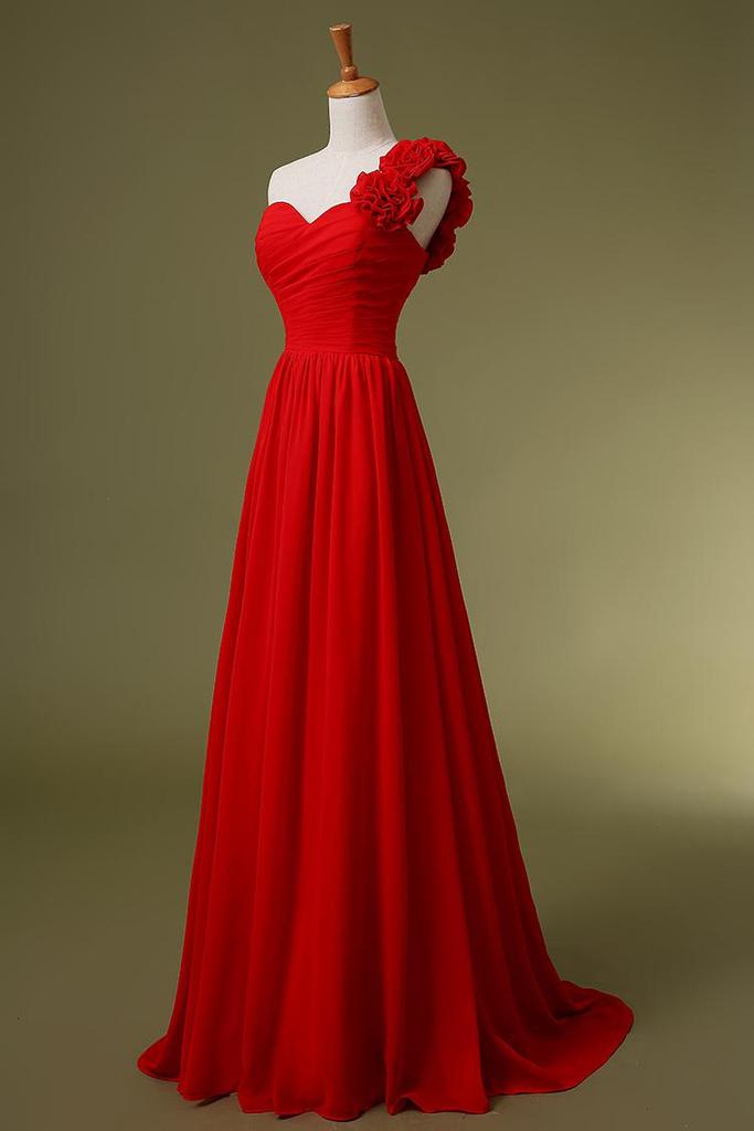 Gorgeous Red Chiffon Handmade One Shoulder Floor Length Prom Dresses 2015, Red Prom Dresses 2015, Formal Dresses , Evening Dresses