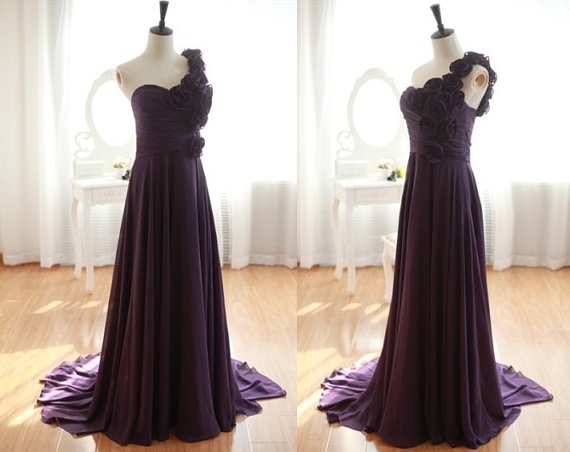 One Shoulder Purple Chiffon Prom Dresses, Evening Dresses, Formal Gown, Purple Bridesmaid Dresses
