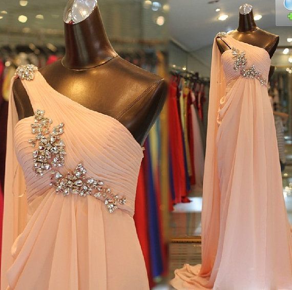 Pretty One Shoulder Pink Chiffon Long Prom Dress 2015,formal Dress With Beads , Evening Dress