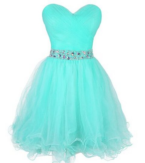 Cute Short Tulle Sweetheart Beaded Waist Ball Gown Short Prom Dresses ...